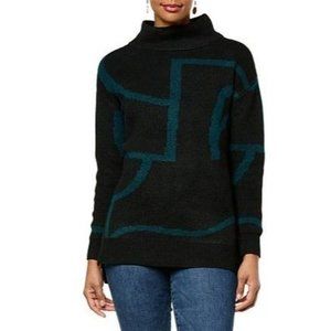 Nina Leonard Jacquard Mock-Neck Pullover Sweater 809-354 BLK Teal Medium